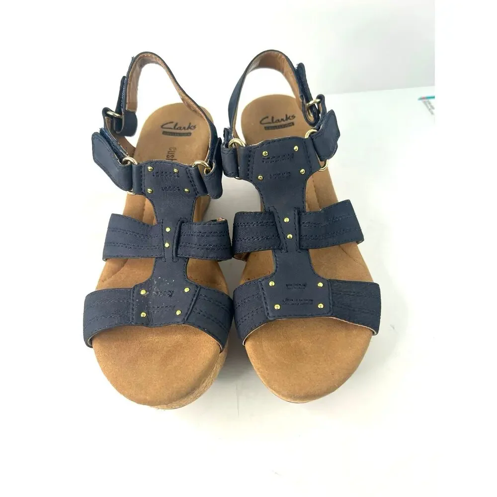 Clarks Annadel Wedge Sandals Women‎ 6.5 Blue Excellent Suede Cork Platform